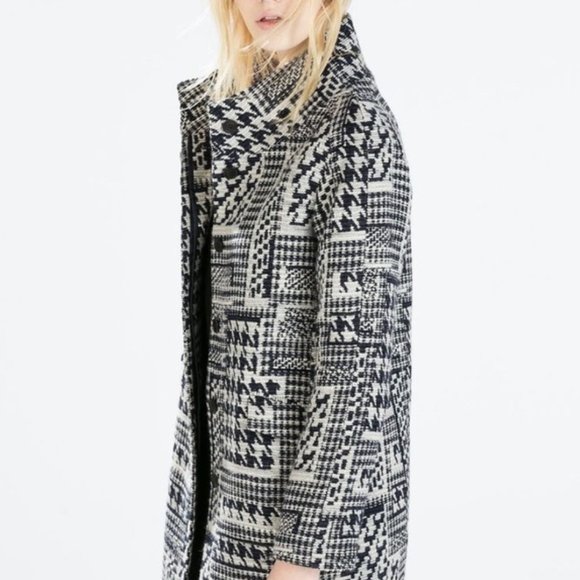 Zara Houndstooth Navy Wool Blend Coat - Picture 5 of 14